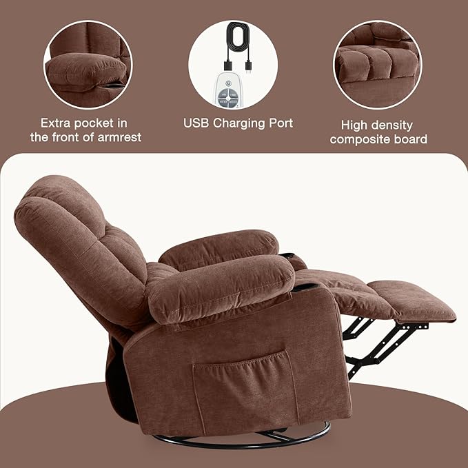 Massage Swivel Rocker Recliner Chair with Vibration Massage and Heat Ergonomic Lounge Chair for Living Room with Rocking Function and Side Pocket, 2 Cup Holders, USB Charge Port