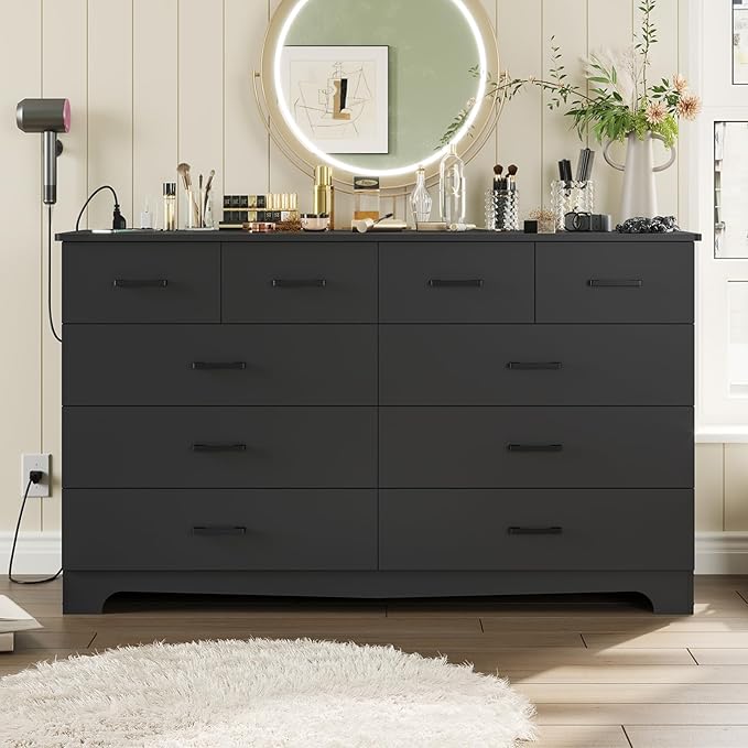 DICTAC Black Dresser for Bedroom with 10 Drawers, Large Chest of Drawers Storage Organizer, Long Dresser TV Stand with Power Outlets, Wide Dressers for Bedroom, Living Room 55.1" W x 32.3" H x 15.8" D