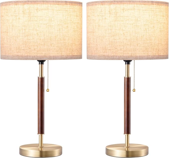 EDISHINE Mid Century Table Lamp Set of 2, Pull Chain Switch Bedside Lamp, Linen Shade, Solid Wood Pole & Bronze Brushed Metal Base, Modern Nightstand Lamp for Bedroom, Living Room, Office, E26 Base