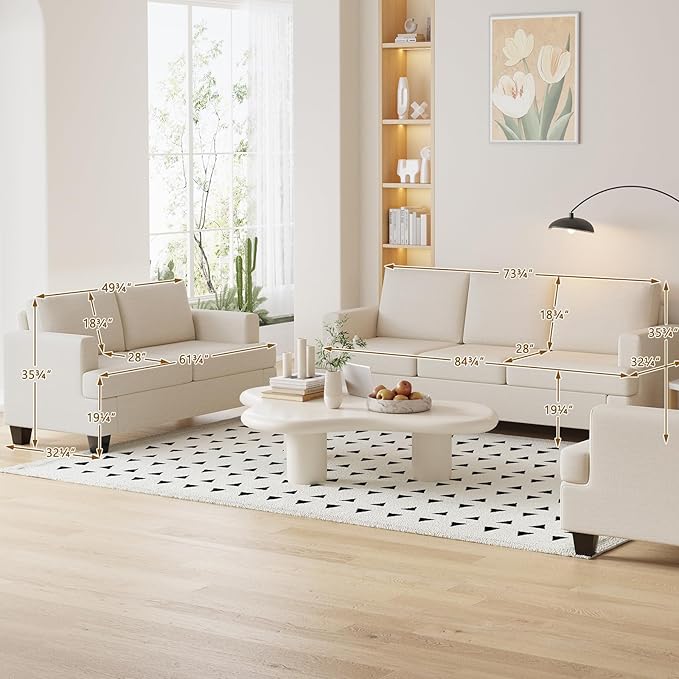 Furnimart Modern 3 Seater Couch and Loveseat Sets, Couches Set of 2 for Living Room, Deep Seat Sectional Sofa and Love Seat Set, Beige