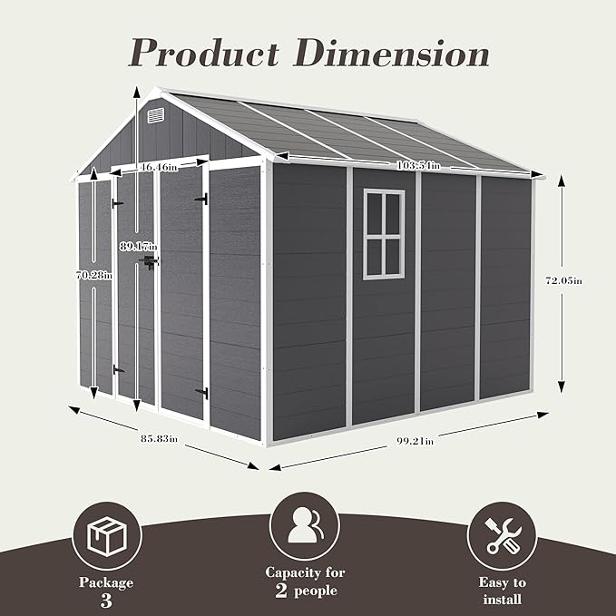 8x8 FT Outdoor Storage Resin Shed with Floor, Waterproof Plastic Garden Tool Shed with Windows, Vents & Lockable Door and Sloped Roof, Easy to Assemble Bike Shed for Patio, Backyard, Lawn, Black