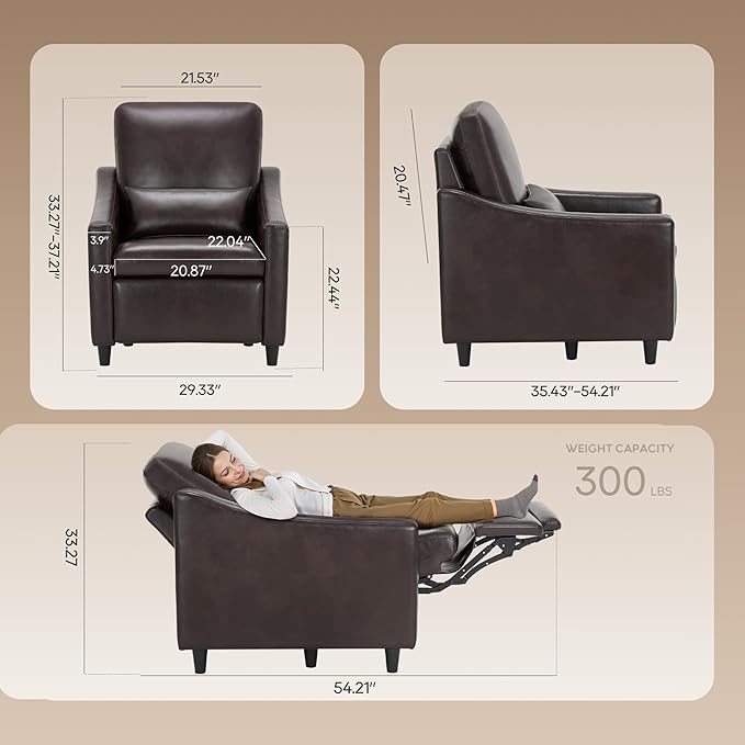 COLAMY Pushback Electric Recliner Chair, Premium Leather Upholstery with Adjustable Angles, Extra Lumbar Pillow, Built-in Charging Port, Business-Casual Style for Living Room（Brown