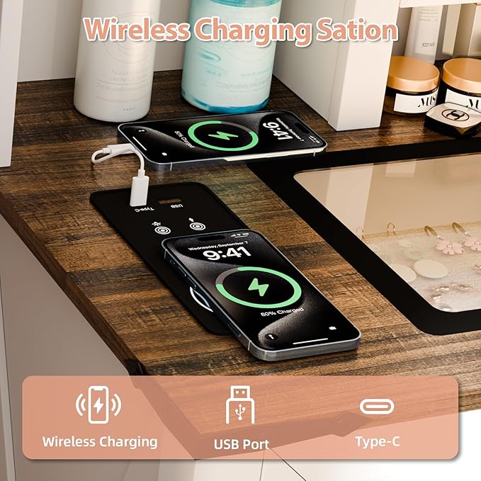 Farmhouse Makeup Vanity, Vanity Desk with 3 in 1 Charging Station and Human Body Sensing LED Lights, Vanity Table with Glass Tabletop & Hidden Jewelry Cabinet, Stool Included, Vintage White