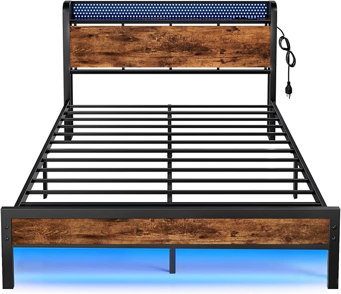 Furnulem Full Bed Frame with LED Lights,Industrial Storage Headboard with Charging Station,USB Port,Under Bed Storage,Wood Platform with Strong Metal Support,No Box Spring Needed, Silent