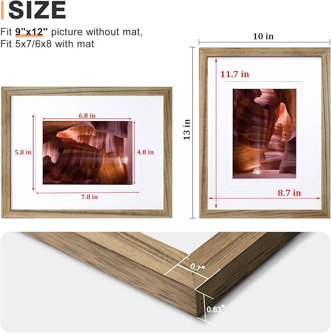 Egofine 9x12 Picture Frame Made of Solid Wood Covered by Plexiglass, Wood Frame for Pictures 5x7/6x8 with Mat or 9x12 without Mat, Tabletop and Wall Mounting Display, Carbonized Brown