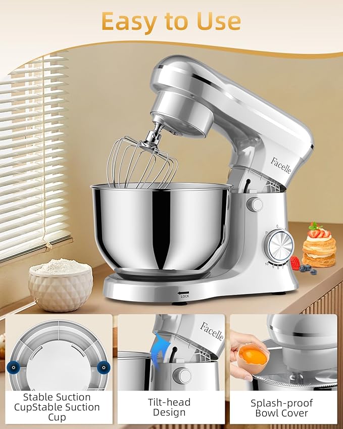 Facelle Tilt-Head Stand Mixer, 5QT+6QT Stainless Steel Two Bowls, 10 Speeds Kitchen Electric Food Mixer with Egg Whisk, Dough Hook, Beater, Dishwasher-Safe Attachment, Ideal Gift for Mom
