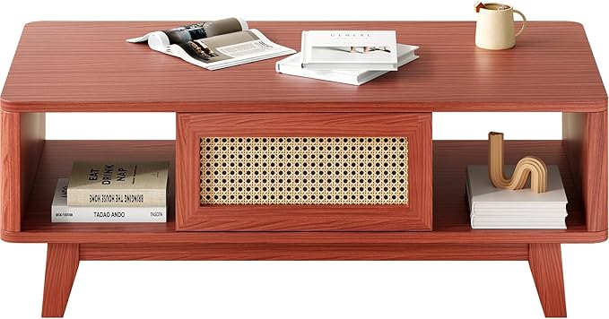 Soohow Coffee Table, Mid Century Living Room Tables with Storage, Modern Square with Rattan Drawer, Wooden Living Room Table with Solid Wood Leg
