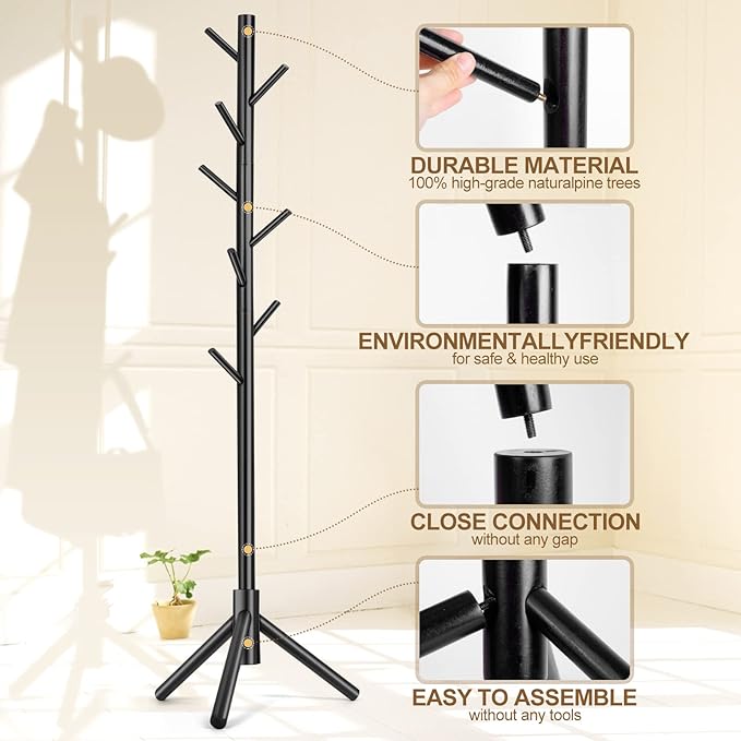 2PCS Solid Wooden Coat Rack Freestanding, New Zealand Pine Coat Tree with 8 Hooks & 3 Adjustable Sizes for Coats, Hats, Handbags and Scarves, Space Saving for Entryway/Office/Bedroom (Black)