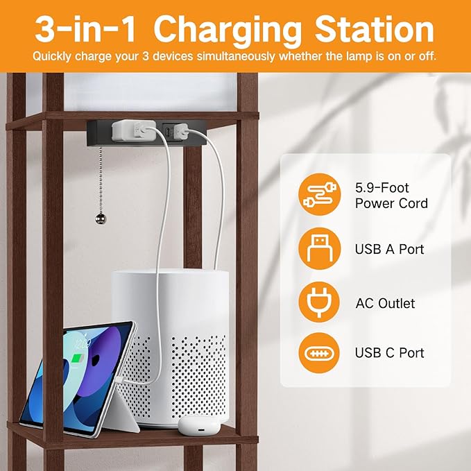 OUTON Floor Lamp with Shelves, LED Shelf Floor Lamp with USB & Type C Ports, 1 AC Outlet, 3 Color Temperature, Storage Display Wood Column Tall Standing Lamp for Living Room, Bedroom Office, Walnut