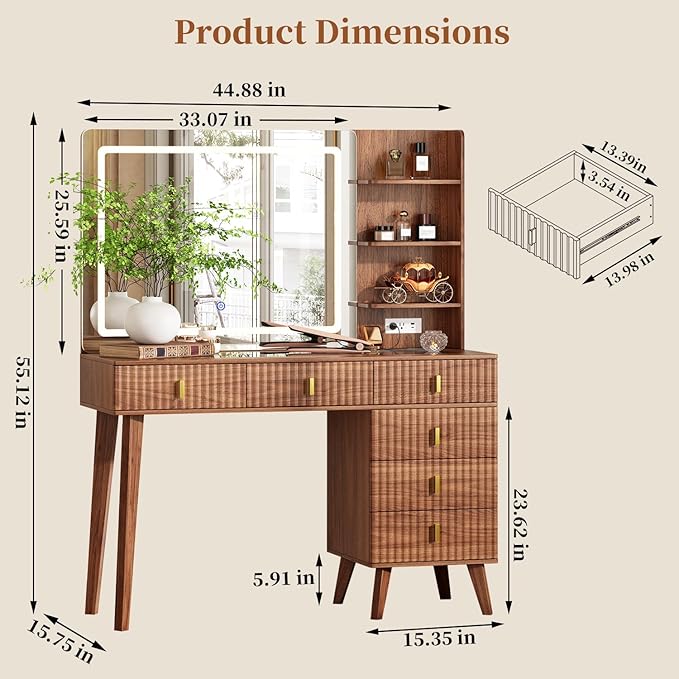 Large Makeup Vanity Desk with Mirror and Lights, Vanity Desk with 6 Drawers & Storage Shelves, Vanity Table with Power Outlet, 3 Color Modes & Adjustable Brightness Dressing Table, Bedroom,Walnut1