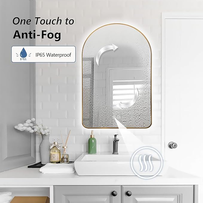 Niccy Arched LED Lighted Bathroom Mirror, 36x24 Inch Backlit Vanity Bathroom Mirror with Lights Brushed Gold Framed Wall Mounted Mirrors with 3 Color Shatterproof Arch Smart Fog Free Mirror