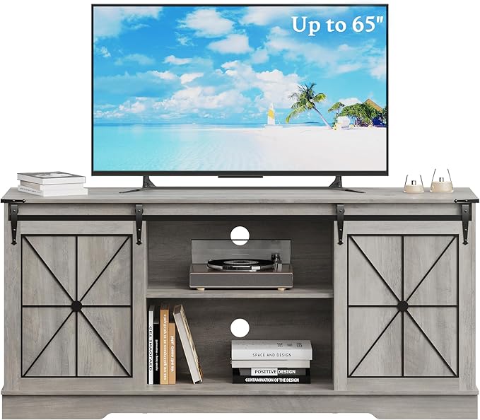 Farmhouse TV Stand for 55 60 65 Inch TV, Mid Century Modern TV Cabinet with Storage and Sliding Barn Doors, Easy Assembly, Entertainment Center Console Table for Bedroom Living Room -Wood Gray