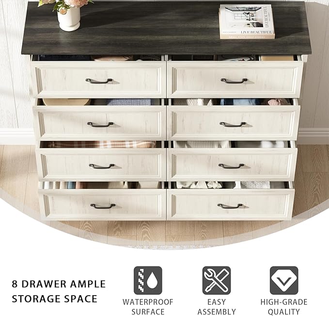 CARPETNAL Farmhouse 8 Drawer Dresser for Bedroom, 55" Wide Modern White Dresser TV Stand with Large Drawers & Bar Handles, Rustic Wood Chest of Drawers for Bedroom, Living Room, Hallway, Entryway.