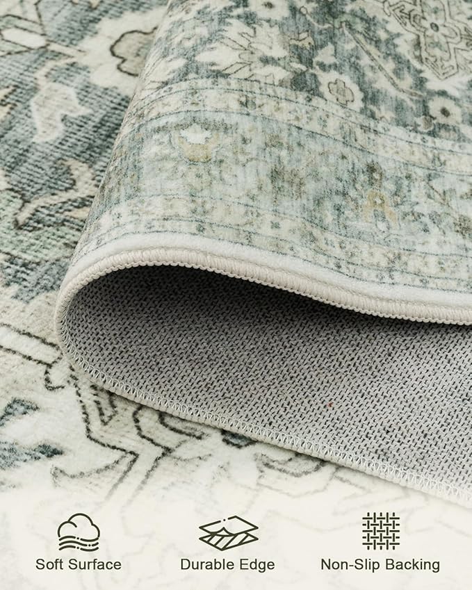 HOMFINE Machine Washable Rug 10'x14' - Vintage Design Area Rugs with Non Slip Rugs for Living Room Bedroom Floral Print Rug Carpet Stain Resistant, Home Decor Office Area Rug, Green