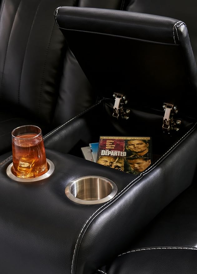 Signature Design by Ashley Caveman Den Modern Faux Leather Power Reclining Loveseat with Console, Adjustable Headrest and LED Lights, Black