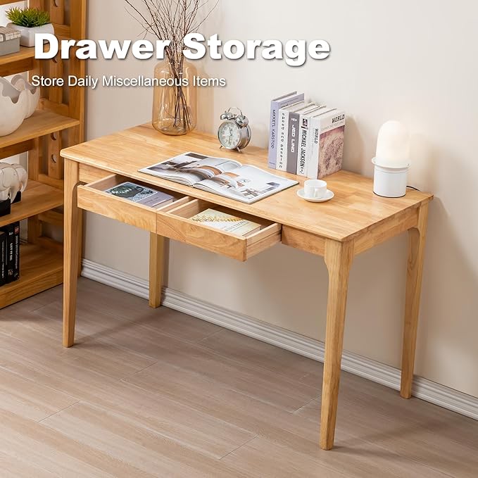 Solid Wood Desk, Gaming Study Home Office Desks for Work, Student PC Desk for Bedroom, Small Computer Desk for Small Spaces, Easy to Assemble (Wood Color, 47inch)