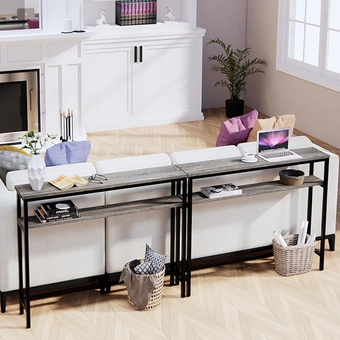 Narrow Console Table, 39.4” Sofa Table with Adjustable Shelf, 2-Tier Long Skinny Table for Hallway, Entryway, Living Room, Foyer, Grey