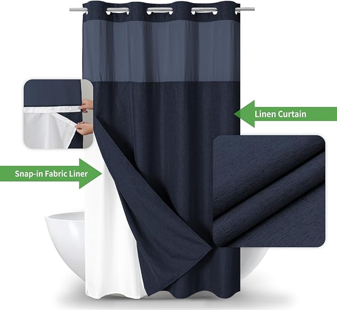 Stall No Hooks Needed Linen Textured Shower Curtain with Snap-in Fabric Liner Set,Hotel Luxury Decor Farmhouse Shower Curtains for Bathroom,Waterproof & Washable,54Wx80H,Navy Blue