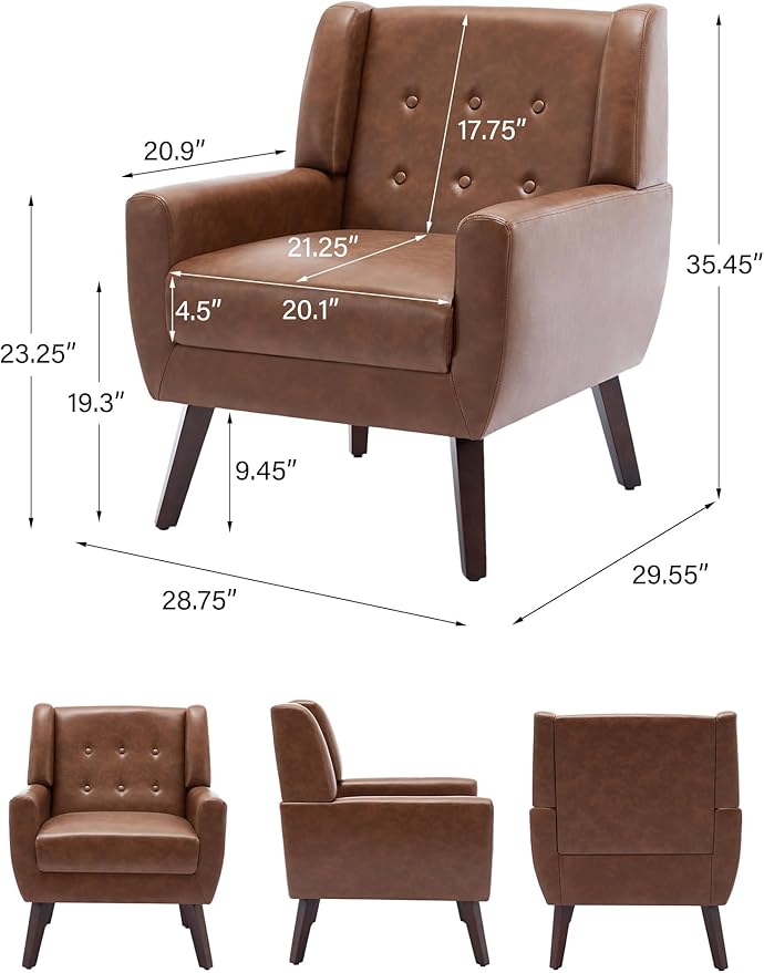 Accent Chair, Mid-Century Modern PU Leather Chairs with Arms for Living Room, Comfy Upholstered Club Single Sofa Armchair for Bedroom Waiting Room with Solid Wood Frame-Leather Coffee, Set of 1