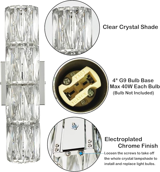 SAMTEEN Chrome Crystal Wall Sconce Modern 4-Light Crystal Sconces Wall Lighting Tube Shape Glass Wall Light Fixture for Bedroom Living Room Hallway Kitchen Bathroom Vanity Light