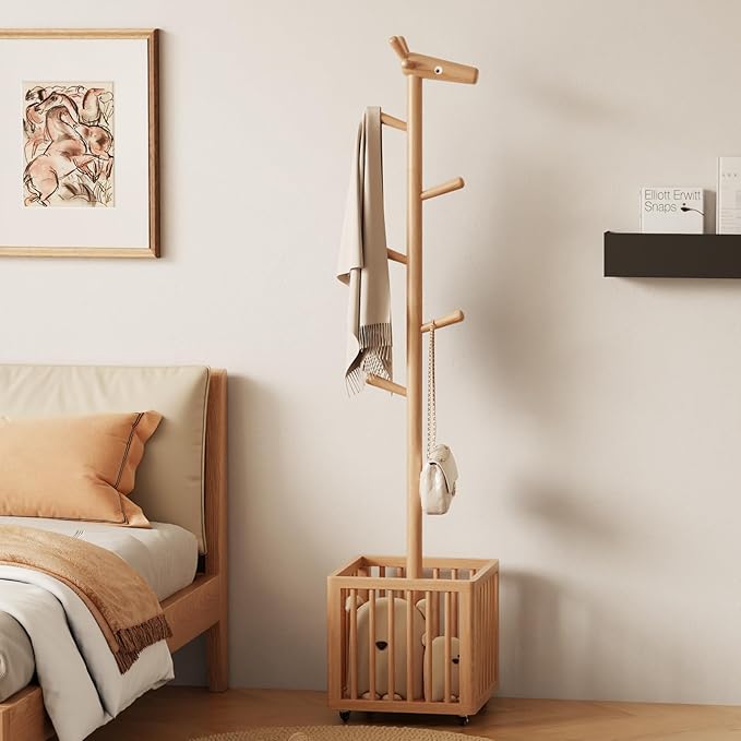 Coat tree freestanding heavy duty，Wooden coat rack freestanding for Entrance, Bedroom, Living room(Natural)