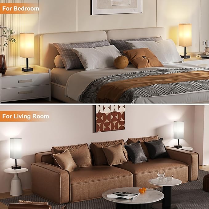 Bedside Table Lamps Set of 2 - Grey Bedroom Lamps with 3 Color Temperatures (3000K/5000K/4000K), Two Square Nightstand Lamps with USB C + A Charging Ports, Pull Chain Small Night Light for End Table