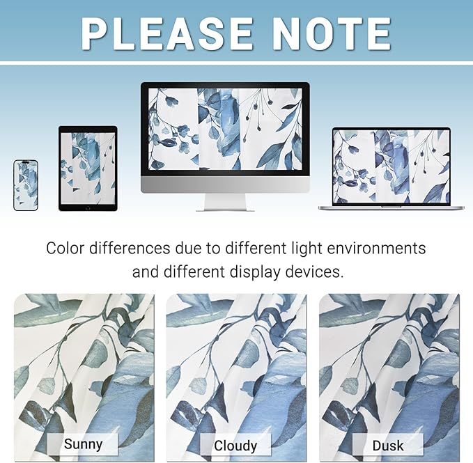 No Hook Shower Curtain with Snap in Liner - Eucalyptus Shower Curtain - Washable Waterproof Inner Liner, Plants Blue Leaves Modern Shower Curtains - Machine Washable, 71 x 74