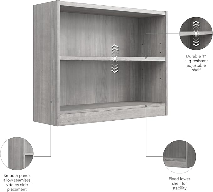 Bush Furniture Universal Small 2 Shelf Bookcase in Platinum Gray, Low Storage and Display Bookshelf for Home Office or Living Room Organization