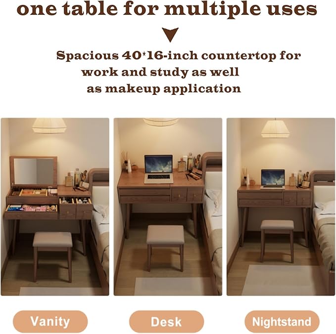 KungFuWood Makeup Vanity Desk with 3 Lighting Modes, Solid Wood Vanity Desk with Mirror Dressing Table Set 4 Drawers,Space-Saving Vanity for bedrooms(walunt)