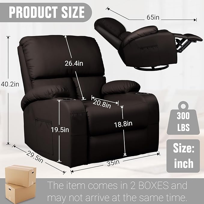 LEVELEVE Rocking Recliner Chair, Massage Rocker Recliner Chair with Vibration Massage and Heat,360° Swivel Recliner Chairs, Living Room, Bedroom, Nursery, RV, Brown