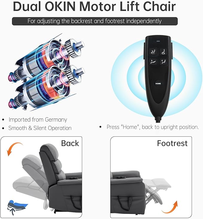 Lay Flat Lift Chair with Heat and Massage, Dual Motor Recliner Chair, Infinite Position, Up to 350 LBS, Grey, Cat Scratch-Resistant Leather