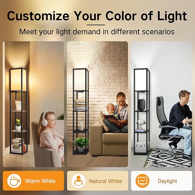 OUTON Floor Lamp with Shelves, LED Shelf Floor Lamp with 1 USB & 1 Type C Ports, 1 AC Outlet, 3 Color Temperature, Storage Display Wood Column Tall Standing Lamp for Living Room, Bedroom Office, Black