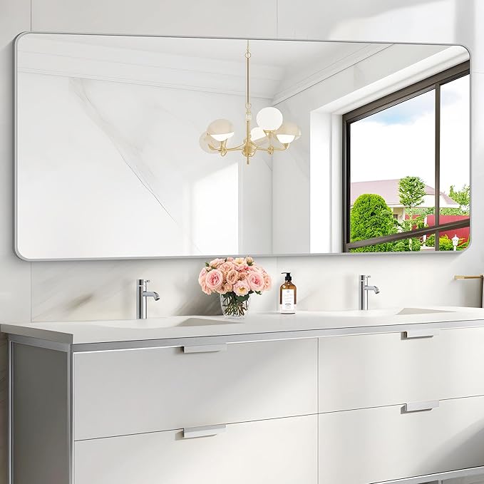 30x60 Inch Silver Bathroom Mirror, Large Rectangular Vanity Mirror, Metal Framed Rectangle Mirror, Rounded Corner Wall Mounted Mirrors for Living Room Bedroom Entryway Horizontal or Vertical