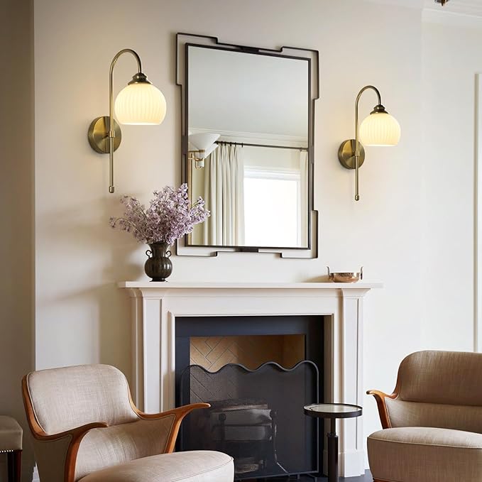 KCO Lighting Gold White Cordless Wall Sconces Mid Century Modern Bedroom Sconces Set of 2 Milk Glass Wall Lamps Antique Brass Wall Light Set of Two Retro Bathroom Vanity Light Fixtures