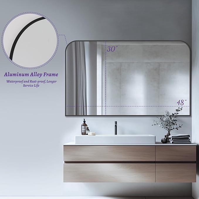 Bathroom Mirror, Wall Mirrors, Black Metal Framed Wall-Mounted Mirrors, Bathroom Vanity Mirror for Over Sink, Living Room, Bedroom, Entryway, 48x30 Inch, Black