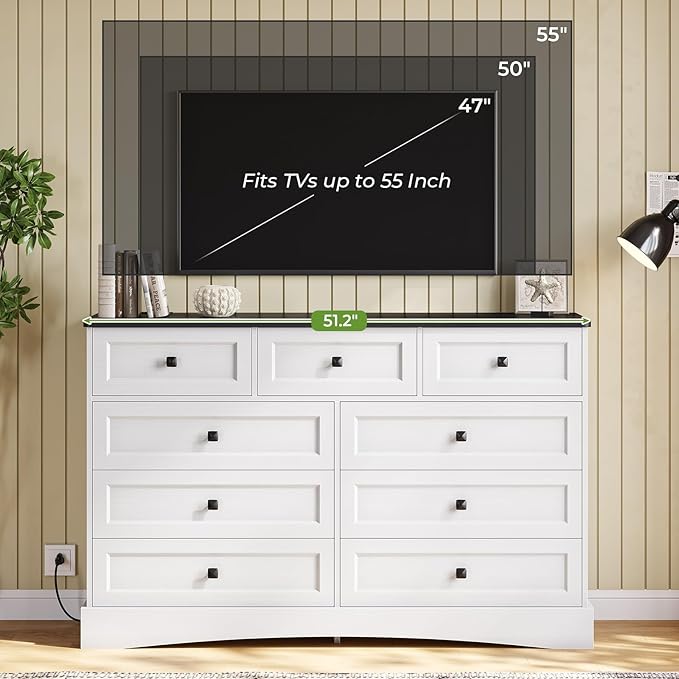 Hasuit Dresser for Bedroom with 9 Drawers, 51.2" Large Dresser with Charging Station, Wide Farmhouse Dresser Chest of Drawers, Wooden Storage Tower Organizer, Dresser for Bedroom Closet, White/Black