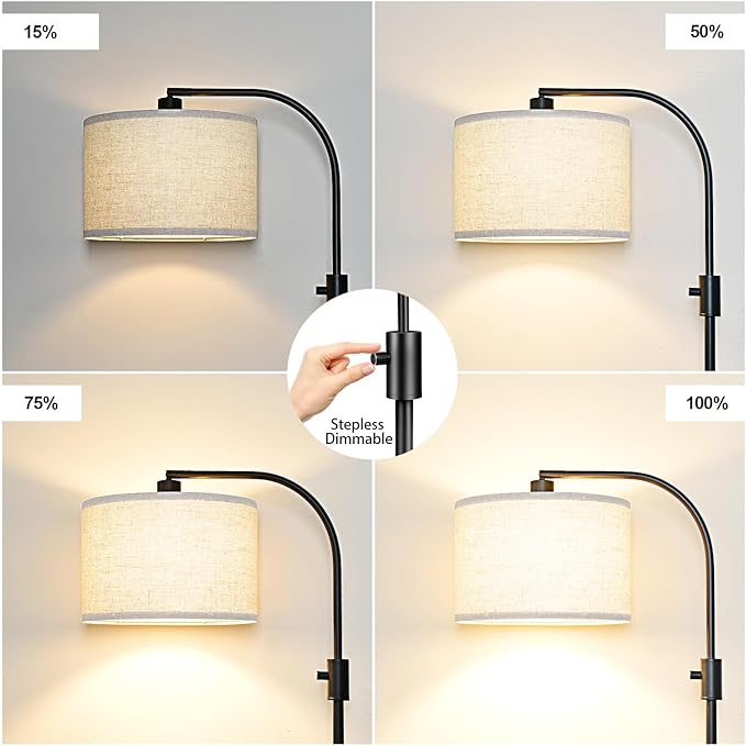 [Upgraded] Dimmable Black Floor Lamp, 1200 Lumens LED Edison Bulb Included, Arc Floor Lamp for Living Room Modern Standing Tall Floor Lamps with Linen Shade for Bedroom Office Reading Room Nursery