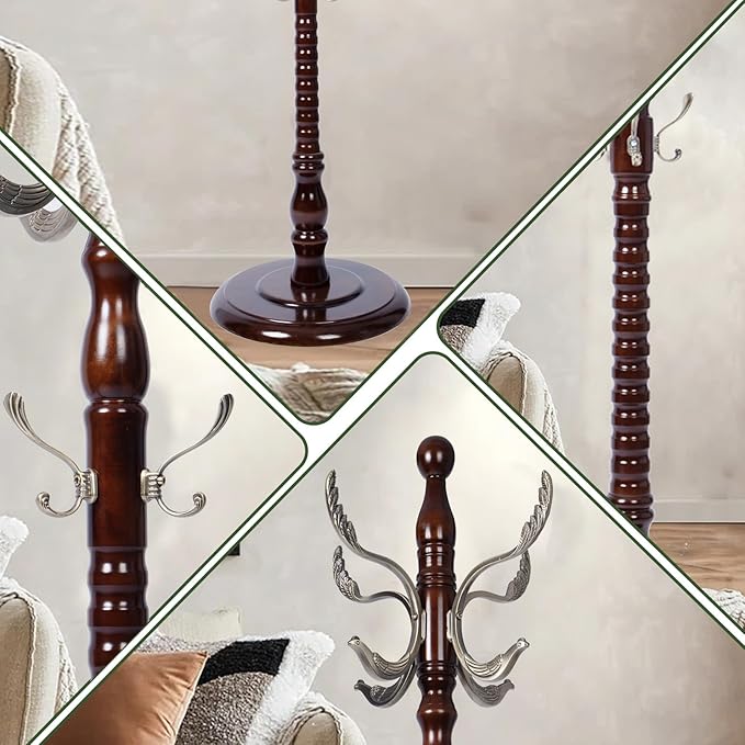 73" Wooden Coat Rack Stand,Coat Racks Freestanding With 14 Hooks And Solid Round Base Heavy Duty Adjustable Height Hall Tree Coat Rack for Entryway Hallway Foyer Office Bedroomf (Mahogany metal)