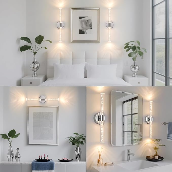 Silver Wall Light LED Battery Operated Wall Sconces(2 Pack), 20-Inch Dimmable Crystal Wall Sconce, Rechargeable Chrome Bubble Wall Lights, Wireless Wall Lamp for Bedroom, Living Room