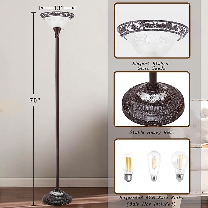 Luvkczc Torchiere Floor Lamp for Living Room - 70" Victorian Floor Lamp with with Etched Glass Shade, Vintage Standing Corner Tall Reading Light for Bedroom Office