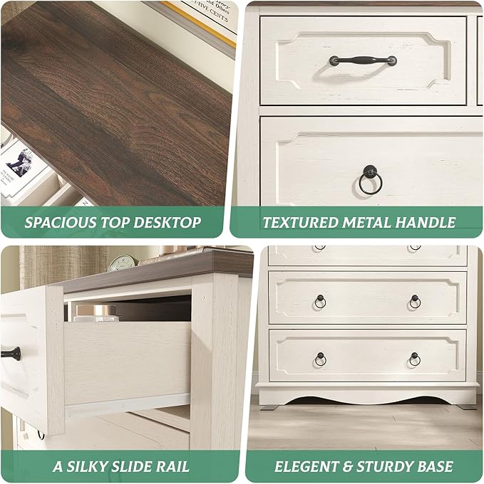 Maupvit 6 Drawer Dresser, 43" Tall Chest of Drawers for Bedroom, Farmhouse Dresser with Large Drawers & Metal Ring Pull Handles, Wood Dressers for Living Room, Hallway, Entryway, Antique White