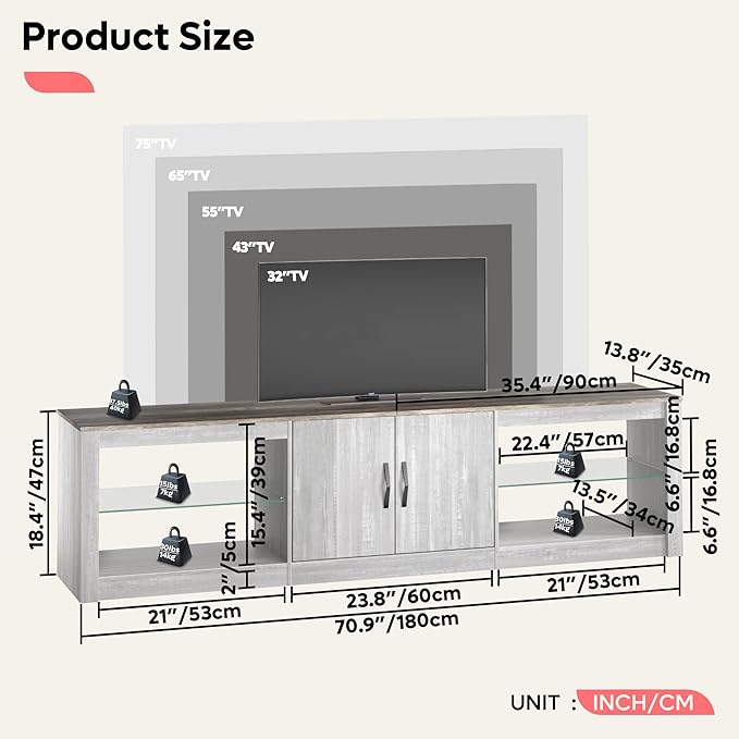 Bestier 70 Inch Led TV Stand for 75 Inch TV Large Entertainment Center Gaming with Adjustable Glass Shelves Two Cabinets Modern TV Console for Living Room 22 RGB Modes, Wash White