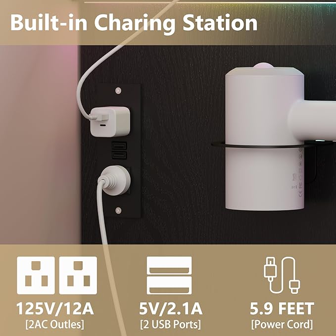 Black Vanity Mirror with Lights Desk and Chair, Small Makeup Vanity Set with Charging Station, Dressing Table with 2 Large Drawers, RGB Ambient Light, 3 Lighting Modes & Adjustable Brightness