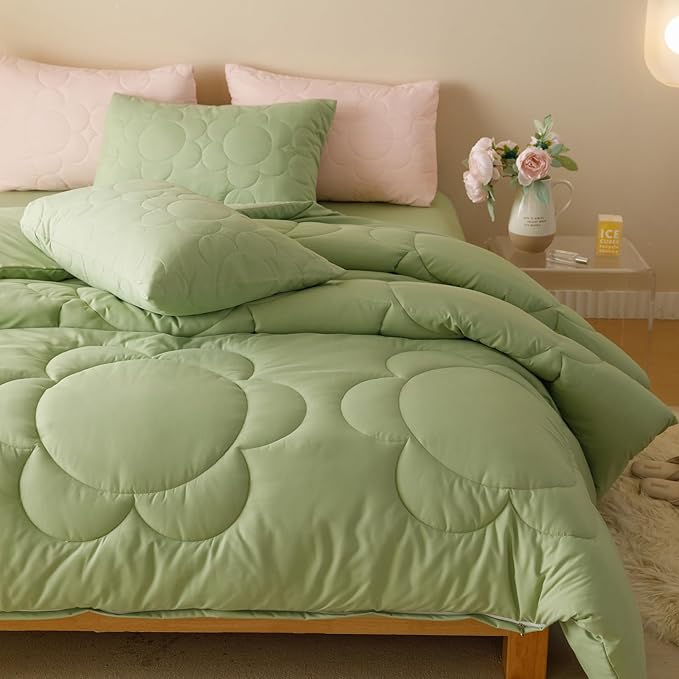 Luxlovery Sunflower Sage Green Comforter Set Full Light Green Quilts Big Flowers Bedding Comforter Set Botanical Farmhouse Soft Breathable Bohemian Comforter Women Girls