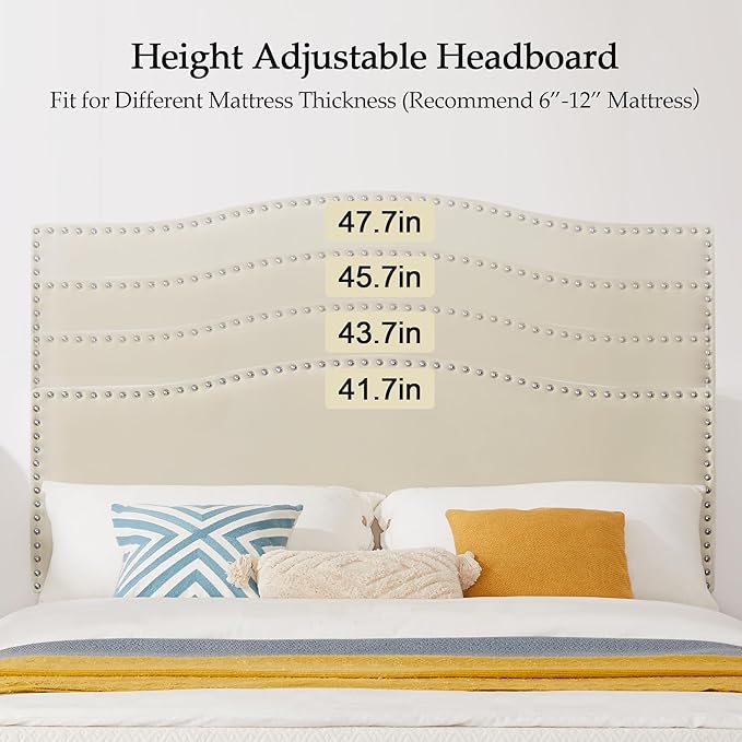 VECELO Full Bed Frame, Platform Bed Frame with Adjustable Height Upholstered Headboard, Heavy-Duty Frame and Strong Wooden Slats Support, Non-Slip and Noise-Free, Easy Assembly, Beige