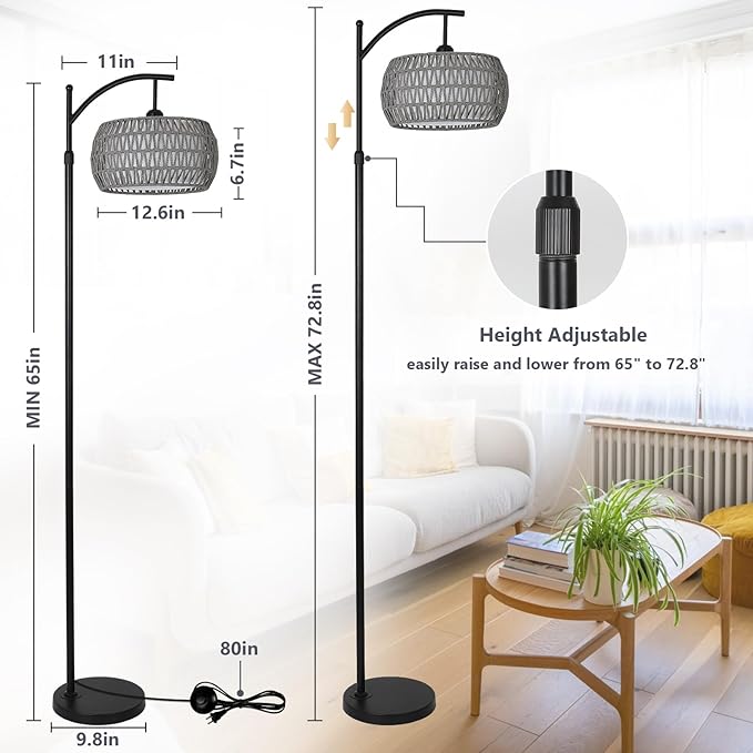 Arc Floor Lamp for Bedroom, Boho Standing Lamp with Remote & LED Smart Bulb, Rattan Floor Lamps for Living Room with 3 Color Temperatures, Height Adjustable Corner Tall Lamp, Stand up Light for Office