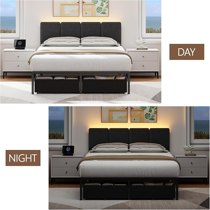 Furnulem Full Size Bed Frame with Headboard,Upholstered Bed Full with LED Light,USB Charging Station,Platform Bedframe with 2 Fabric Underbed Storage Drawers,No Spring Box Needed