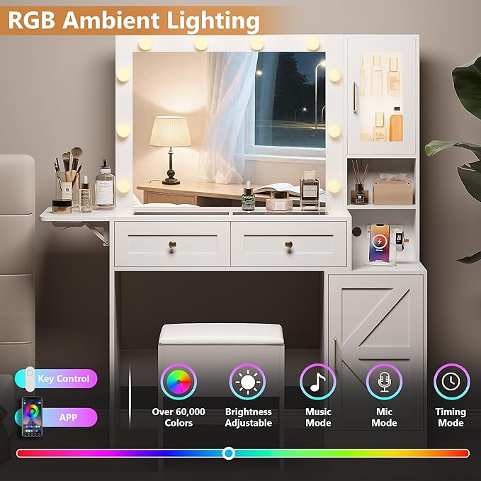 Makeup Vanity Desk with Mirror and Lights, White Vanity Table with LED Lighted Mirror & Power Outlet, Dressing Table with Chair, Large Storage Drawer & Cabinet, and Foldable Panel for Girls’ Bedroom
