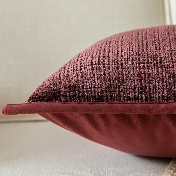 Yaertun Pack of 2 Chenille Textured Decorative Throw Pillow Covers Accent Solid Cushion Cover Soft Cozy Pillow Case with Velvet Back for Couch Sofa Bed Living Room 18x18 Inch Burgundy