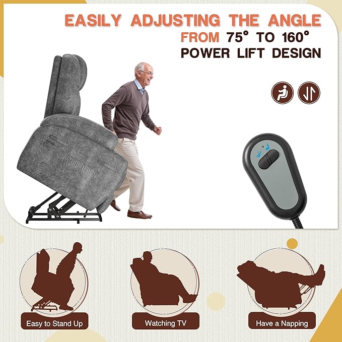 Electric Power Lift Recliner Chair with Massage for Elderly Corduroy Fabric Recliner Single Sofa with Cup Holders, Side Pockets and Remote Control for Living Room Bedroom (Leathaire, Light Gray)